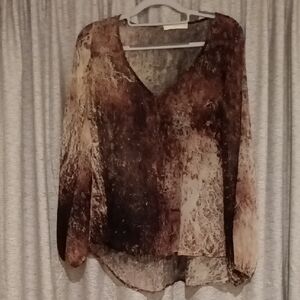 Lavender Brown Purple Abstract Print Silk Blouse  M
